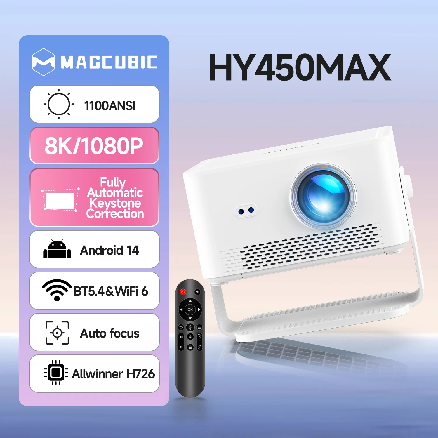 Magcubic HY450MAX 1100 ANSI 루멘 프로젝터 1080P Wifi6 빔 8K 네이티브 안드로이드 14 휴대용 프로젝터 영화 자동 초점