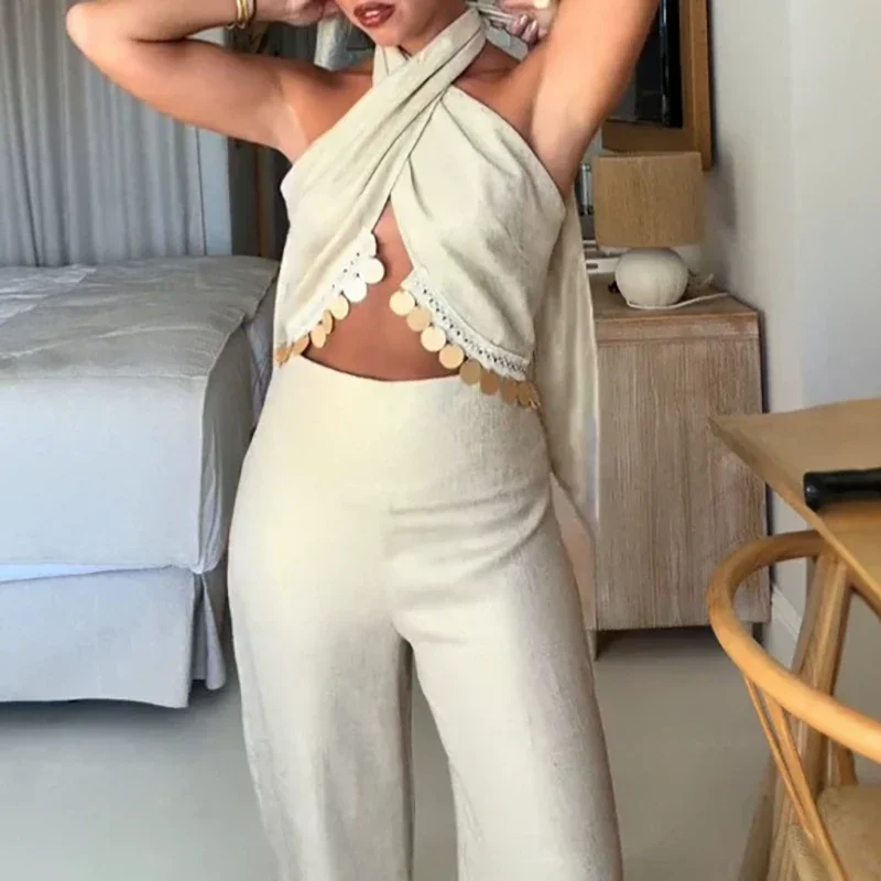Chic Elegant Solid Off Shoulder Evening Suit Temperament Wrap Chest Vest+Pants 2pc Set Shining Gold Wire Dew Splicing Backless O