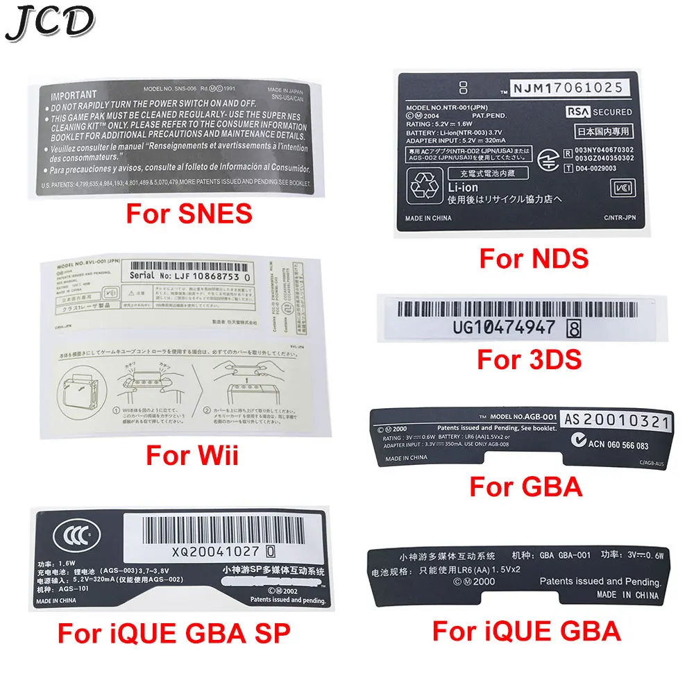 

JCD 2PCS For 3DS XL Wii SNES NDS Game Console Replacement Lables Stickers For IQUE GBA GBA SP Housing Shell Back Lable Sticker