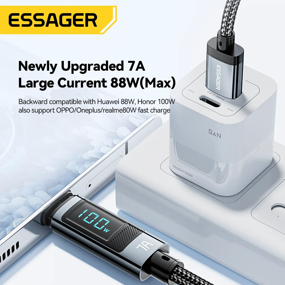 Essager 7A 100W USBA a tipo C Cable de carga súper rápido Cable de datos de nailon para iPhone Xiaomi Samsung con Cable de pantalla Digital Led