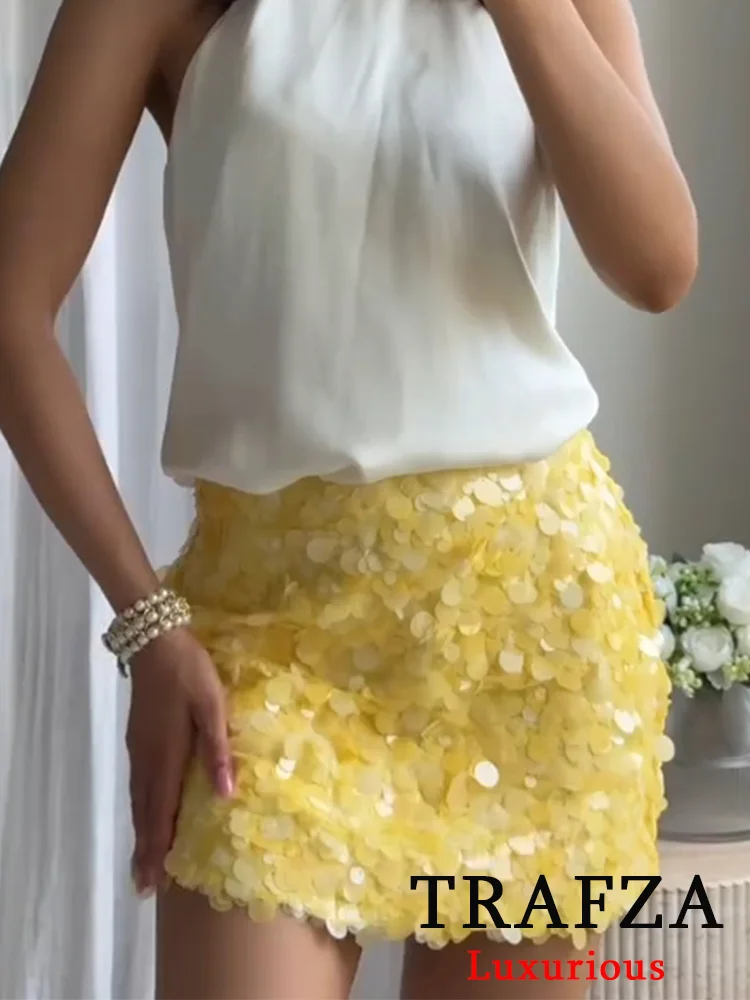 

TRAFZA Vintage Casual Chic Women Skirt Yellow Solid Sequin Short Mini Zipper Skirt New Fashion 2025 Spring Summer Holiday Skirt