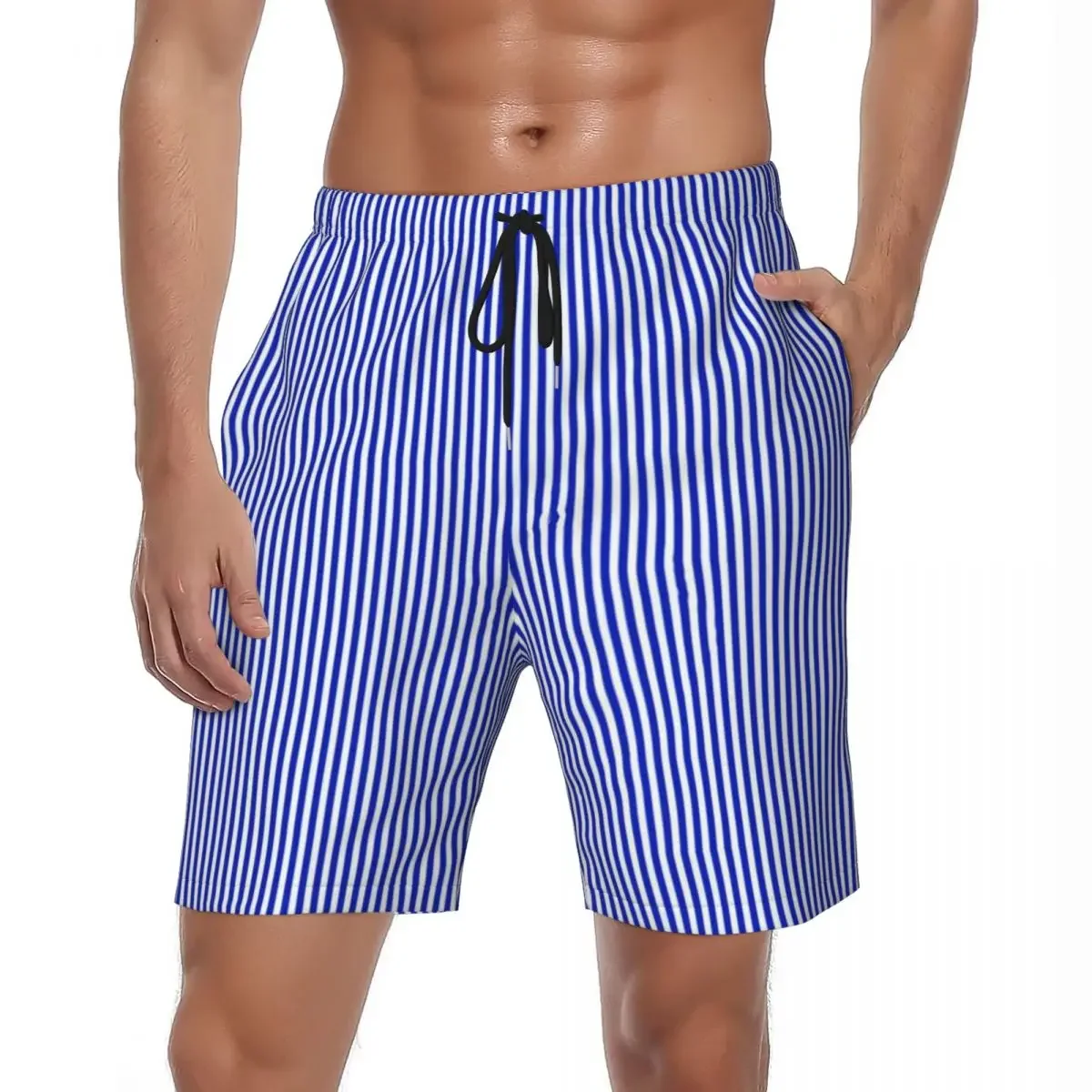 Nautical Sailor Board Shorts Summer Blue and White Vertical Stripe Sports Board Short Pants Men Quick Dry Plus Size Swim Trunks