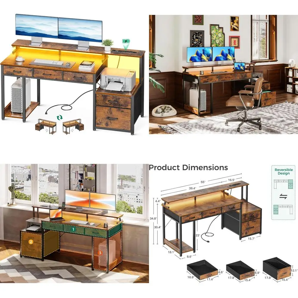 AODK 55 Inch Computer Desk with 3 Drawers and File Cabinet for Storage, Office Desk with Monitor Stand and LED Lights, Home Offi