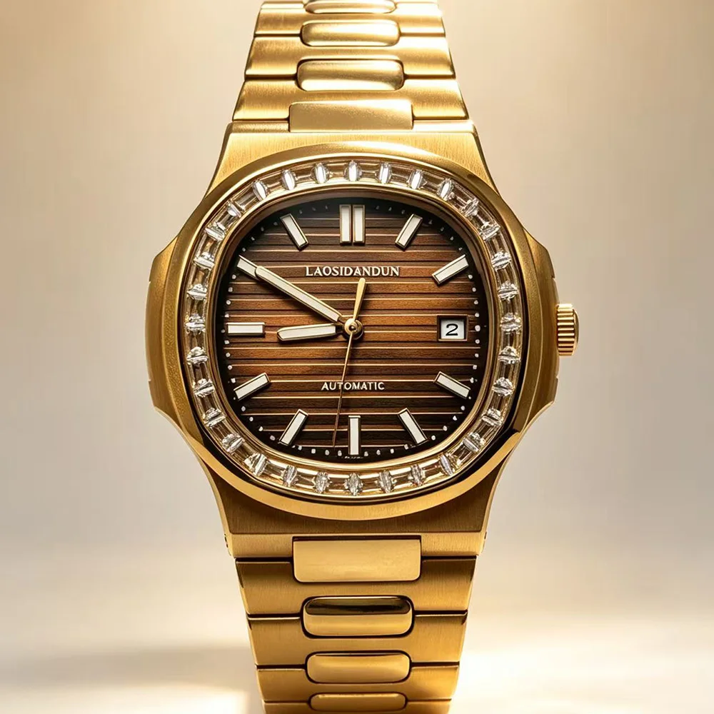 40.5mm Case Diameter Luxury Rose Gold Diamond Bezel Men Mechanical Watch,Luminous,50M Waterproof,Date Display Business Casual