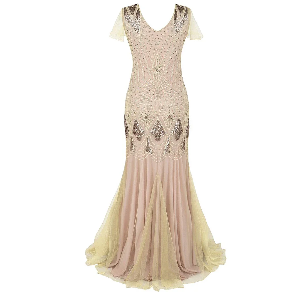 Women 1920s Great Gatsby Dress Long 20s Flapper Dress Vintage V Neck Sequins Beads Maxi Party Dress Mesh Prom Gown Elegant Dress