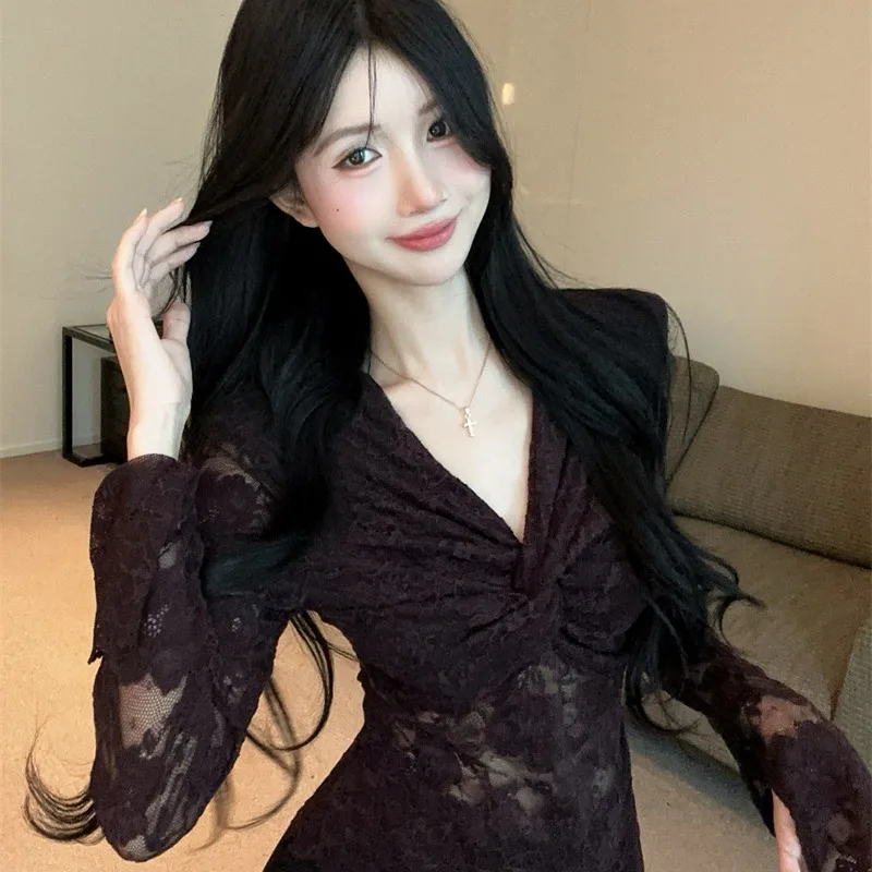 Sexy évider v-ne dentelle noeud conception Base irt femmes Faionable automne hiver nouveau Sle longue Sve taille cintrée