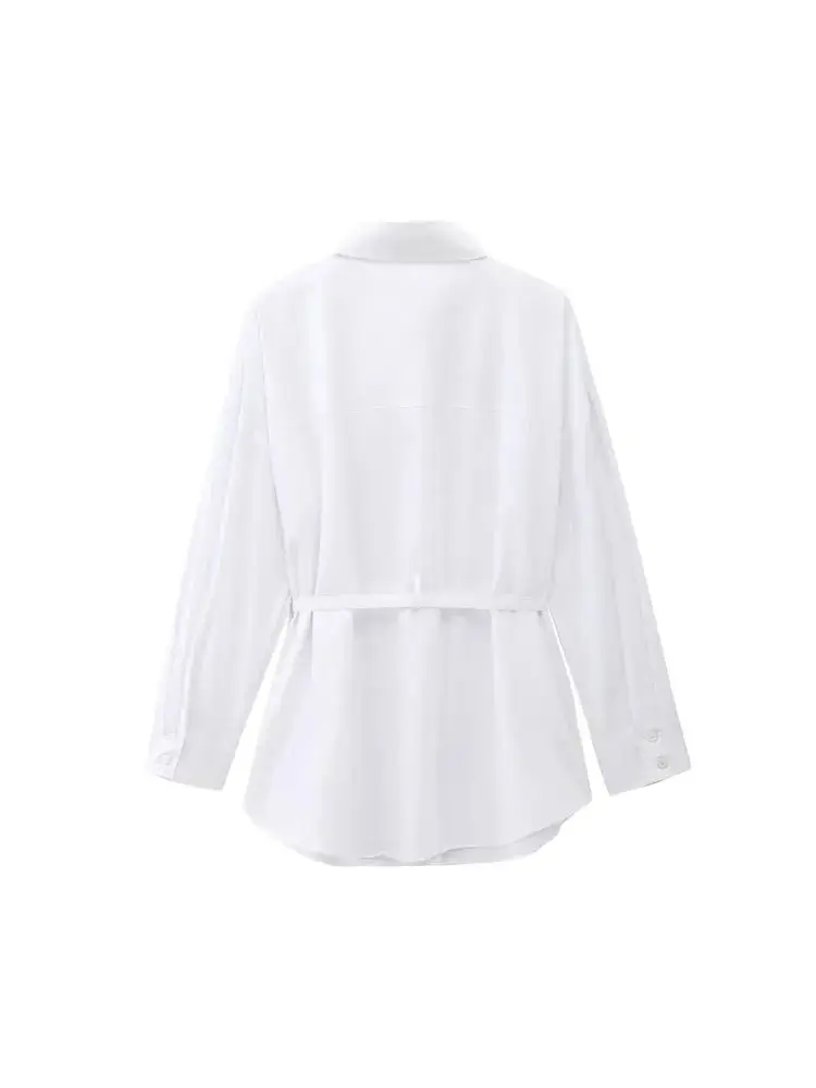 TRZA Women Fashion With Belt Loose Poplin Shirts Long Sleeve Front Hidden Buttons Female Blouses Chic Tops