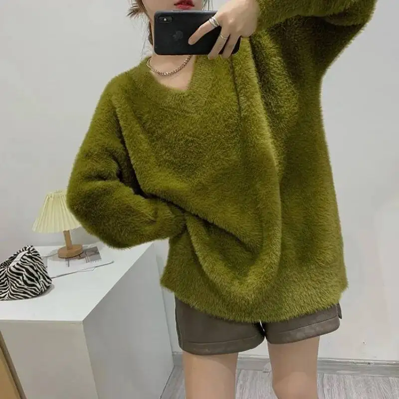 

Осень-зима, женская уличная одежда, большой мягкий вязаный свитер из искусственного норкового кашемира, простые повседневные пуловеры с v-образным вырезом и длинными рукавами