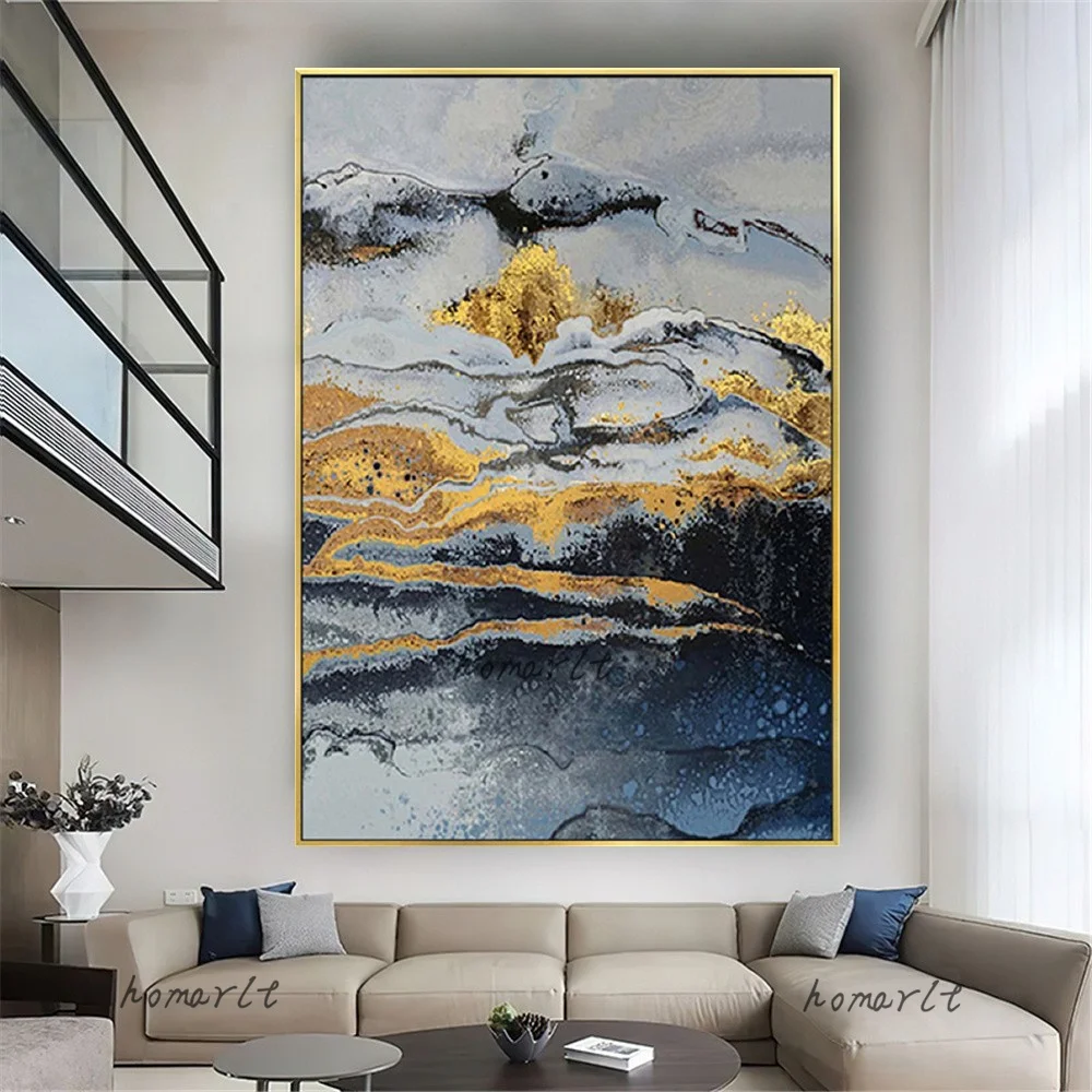 

100% Hand Painted Large Handmade Abstract Oil Painting Gold Blue White Snow Mountain Gorgeous Painting Living Room Decor