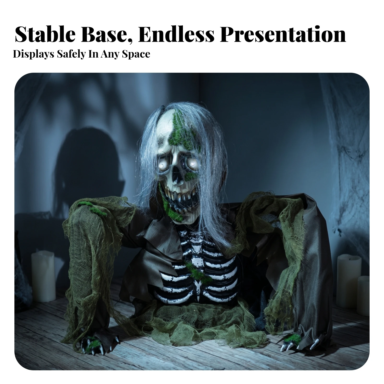 No Assembly Needed Long Gray Hair Battery Powered Halloween Decor Half-Body Zombie Skeleton Motion Sound Zombie Skeleton