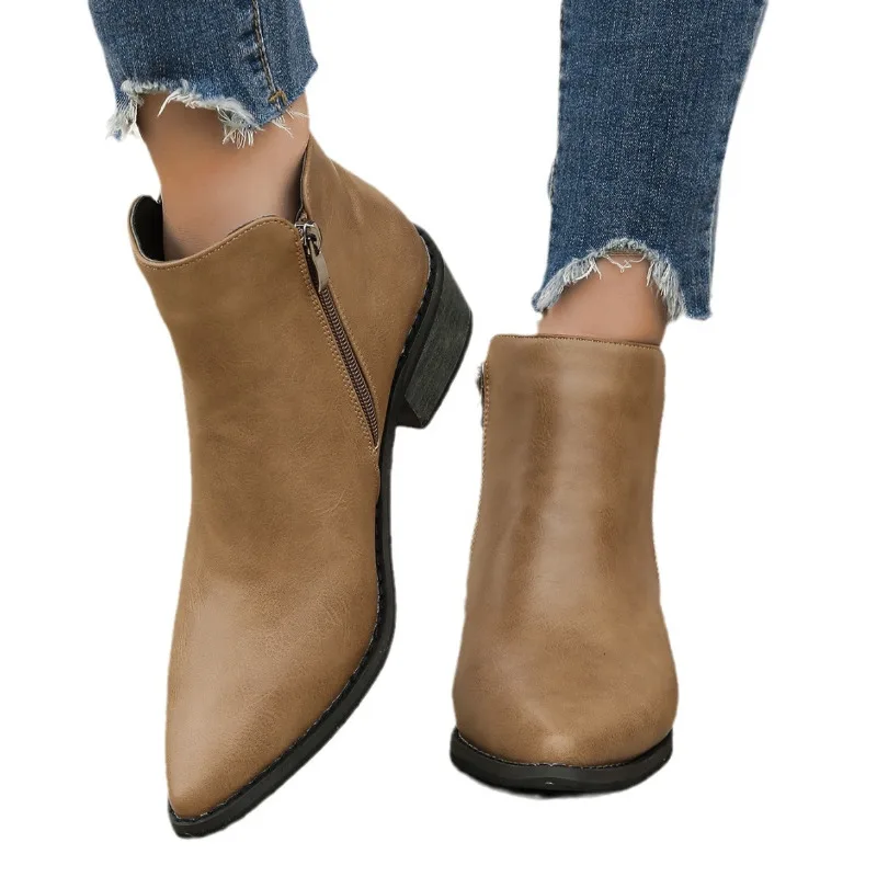 Autumn Women Ankle Boots 2024 Retro Style Pointed Toe Leather Boots Solid Short Barrel Chunky Heel Western Boots Botines Mujer