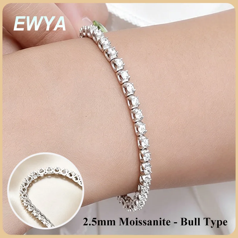 EWYA Bull Full 2.5mm 3.5mm D Color Moissanite Tennis Bracelet for Women Wedding Party Fine Jewelry S925 Silver Link Bracelets