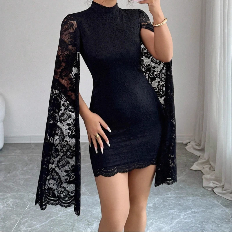 

2025 New Fashion Lace Small Stand-up Collar Slit Long Sleeve Sexy Dress Autumn and Winter Women