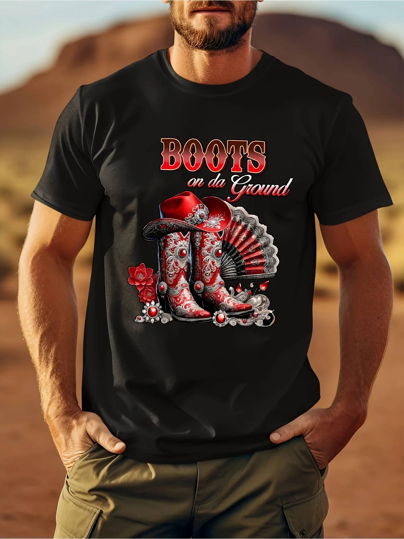 

Western Cowboy Boot T-Shirt - 100% Cotton Black/Red/White Floral Print Tee