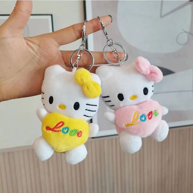 Bow Hello Kitty Hold Love Plush Keychains Kawaii Cartoon Sanrioed Kt Cat Plush Toy Keyring Backpack Pendant Decoration