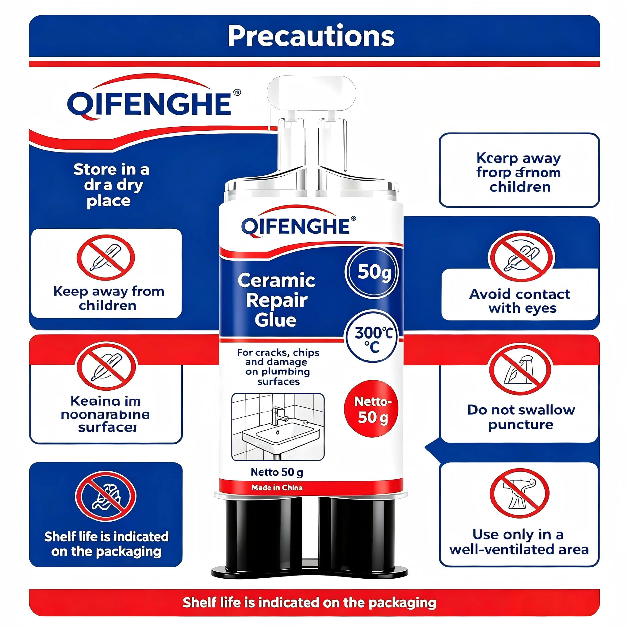 QIFENGHE Ceramic Repair Glue 50g, High Temperature Resistant 300℃ Waterproof Adhesive for Toilet Sink Tile Crack Chip Repair, Wh