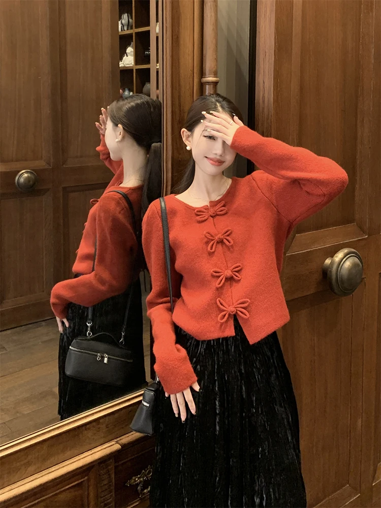 Ezgaga Knitted Cardigan Women Vintage Irregular O Neck Winter Spring New 2024 Fashion Cropped Sweater Female Elegant Tops