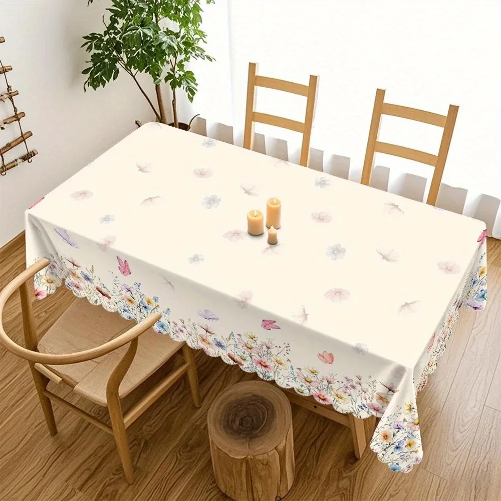 

Floral Butterfly Waterproof Polyester Tablecloth 2D Flat Printed Elegant Garden Table Cover For Dining Room Kitchen Decor