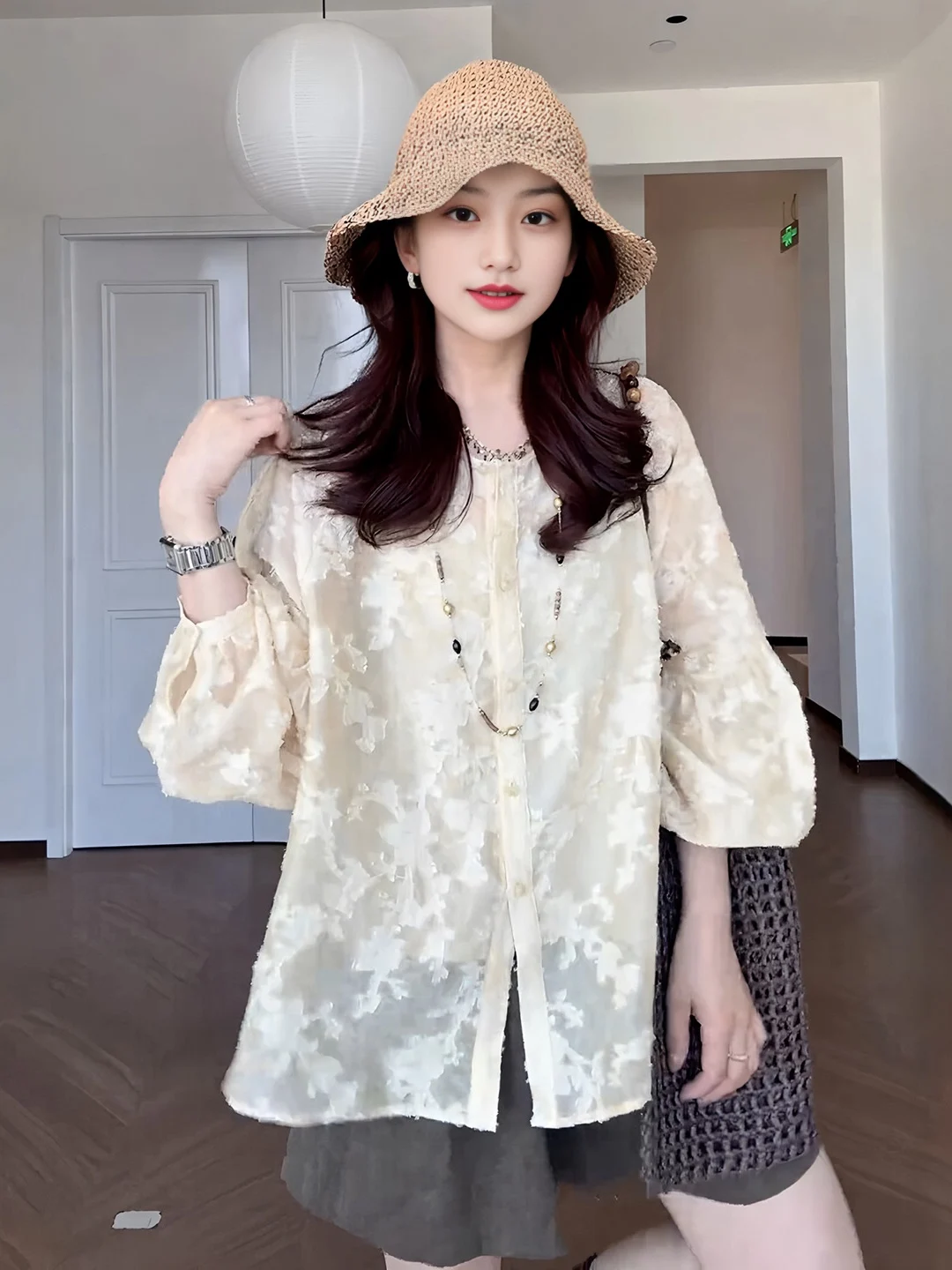 

plus Size Yellow Sun Protection Long Sleeve Shirt Women's Loose Fit Summer New Style Slimming Top Comfortable Commute Style