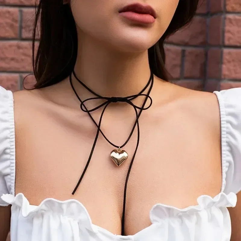 Layered Lace Up Rope Chain with Heart Pendant Necklace for Women Trendy Elegant Choker Necklace 2023 Fashion Jewelry Accessories