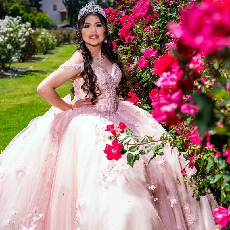 فستان من Lorencia الأميرة الوردي للفتيات ، فستان Quinceanera ، مزين بفيونكة من الدانتيل مطرز ، فساتين للحفلات الراقصة ، مشد ، YQD345 ، 2023 ، 2023