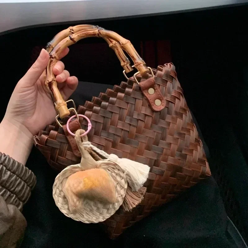 Bag Women 2024 New Rattan Handbag Bamboo Knot Straw Tote Bag Pure Handmade Bamboo Lady Retro Beach Bag