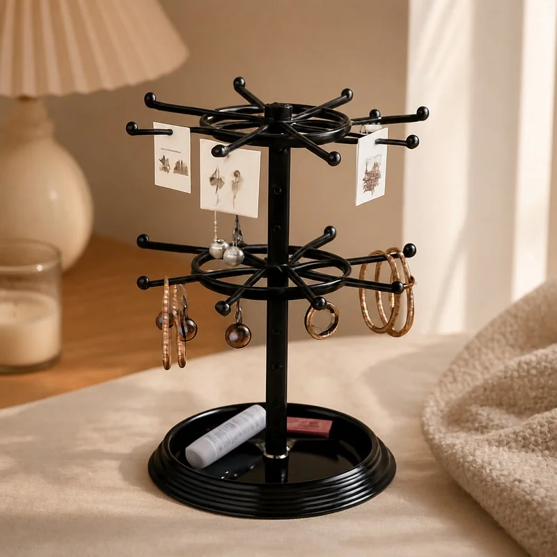 Rotating Jewelry Display Rack with Multiple Levels for Earrings, Necklaces, and Bracelets Storage