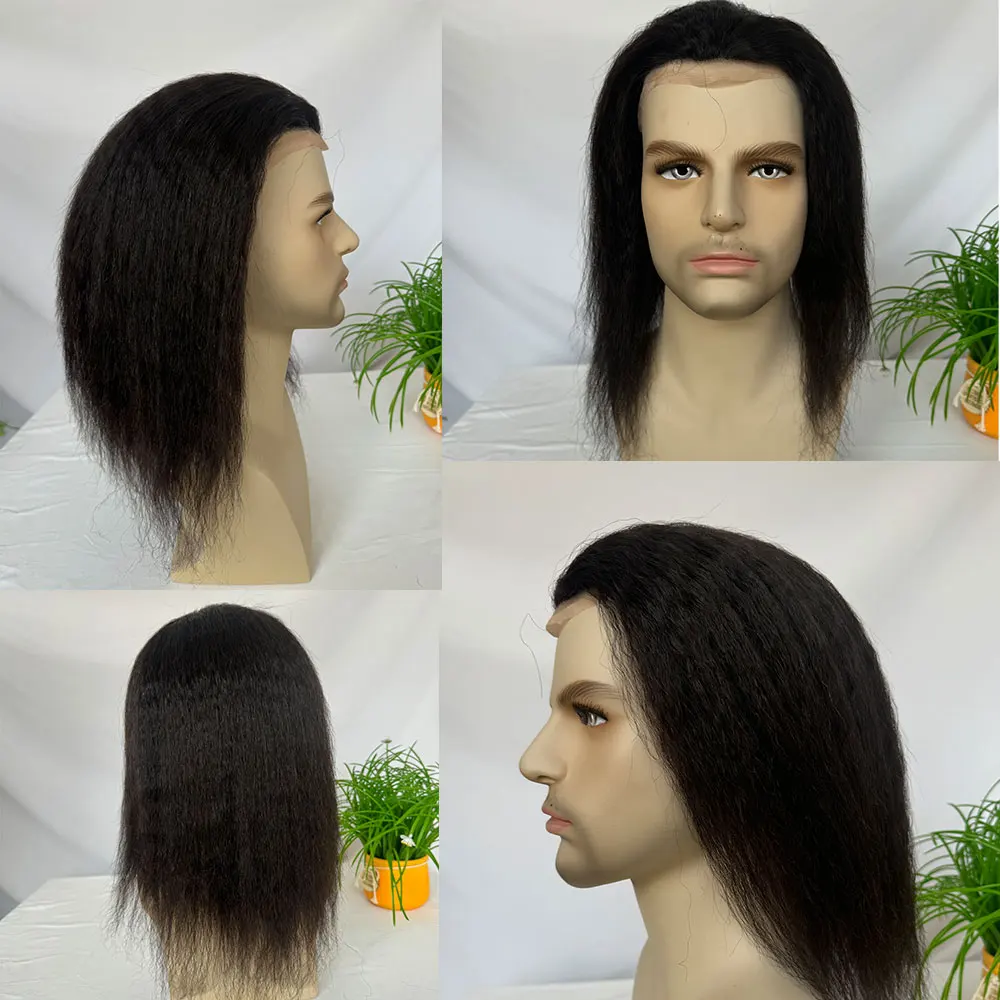 Lange Kinky Steil Menselijk Haar Pruiken Mono Kant Met Pu Basis 12Inch Haarstuk 10X8 Toupet Voor Mannen Pruiken Natuurlijke Kleur