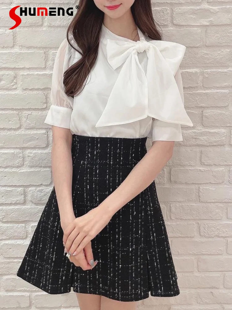 

Japanese Sweet Side Lace-up Bow Turn Down Collar Short Sleeve Simple Casual Commute White Shirt Blouse Tops for Women Summer