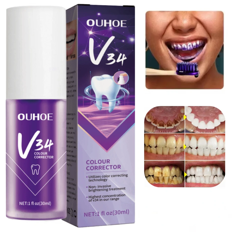 V34 Pro Whitening Toothpaste Removal Plaque Stain Purple Corrector Teeth Enamel Care Easy Reduce Yellowing Oral Clean Care