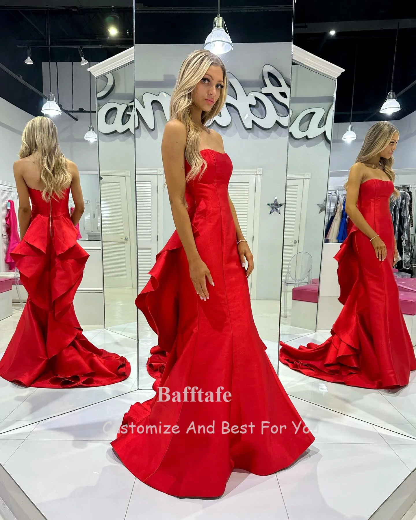 Bafftafe Red Mermaid Satin Prom Dresses Formal Ruffles Tiered Long Special Party Dress Women Evening Gowns soirée Customized