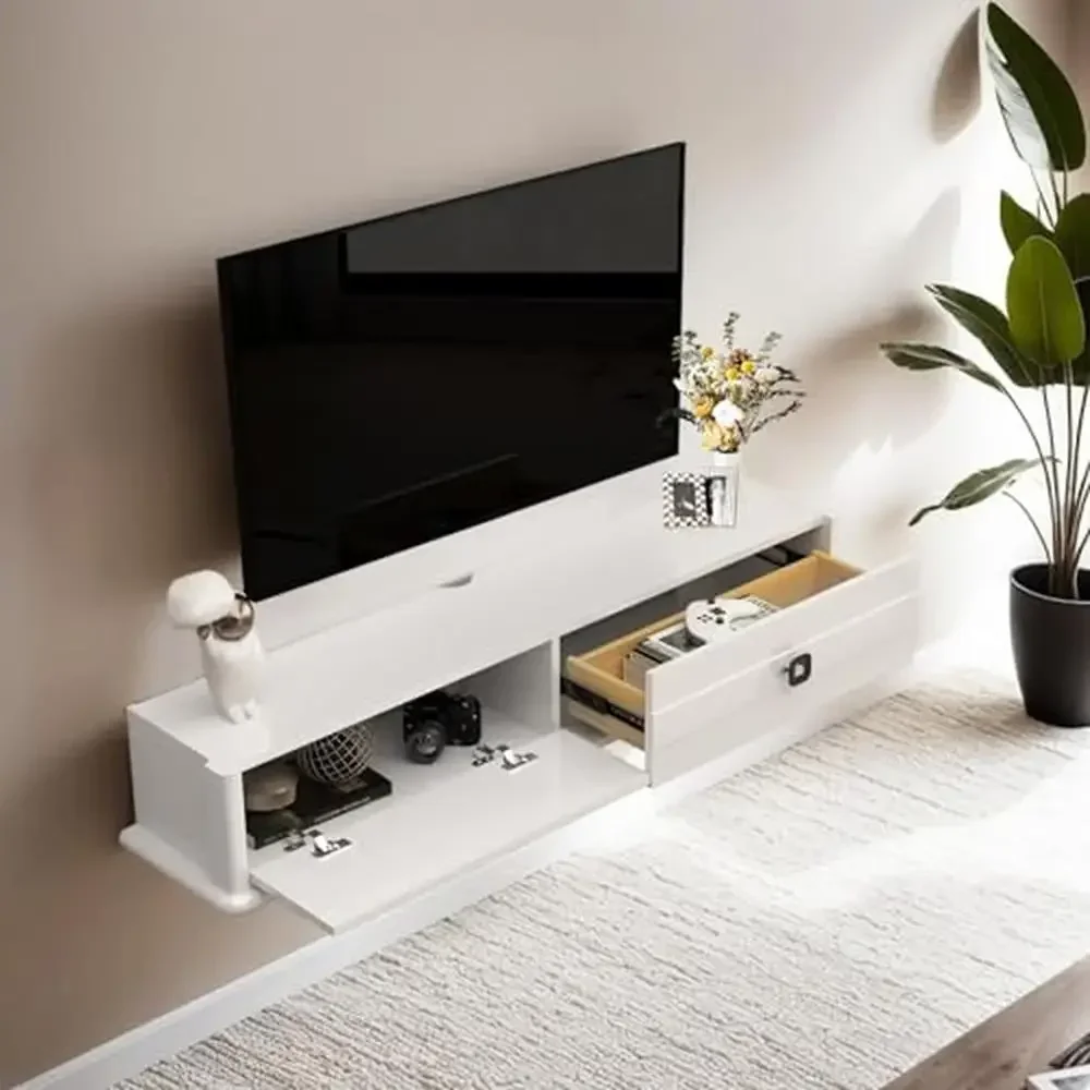 Floating TV Stand Solid Wood Console Wall Mounted Entertainment Center Door Drawer White Scratch Resistant Cable Management