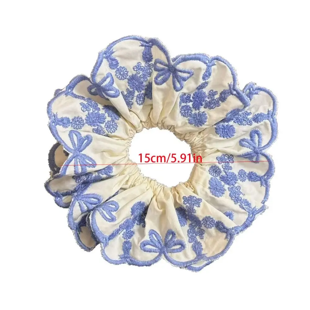 Exquisite Flower Shape Lace Scrunchies Bow Cloth Embroidery Large Hair Scrunchies Blue Hair Tie Exaggerated Hair Rope Girl