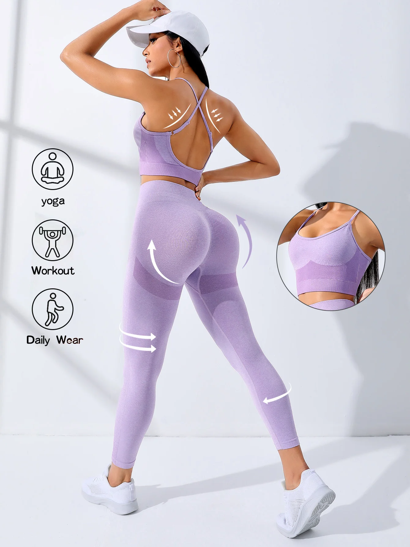 Nahtloses Yoga-Set für Damen, 2-teiliges Workout-Outfit, dehnbare Leggings und dünnen Trägern, Sport-BH, Fitnessbekleidung – Detail 2