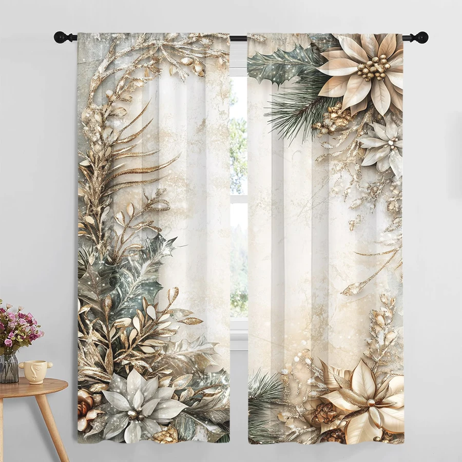 2PCS Gold Poinsettia Christmas Curtains, Pine Branch Vintage Frame Winter Holiday Window Drapes for Bedroom Living Room Decor