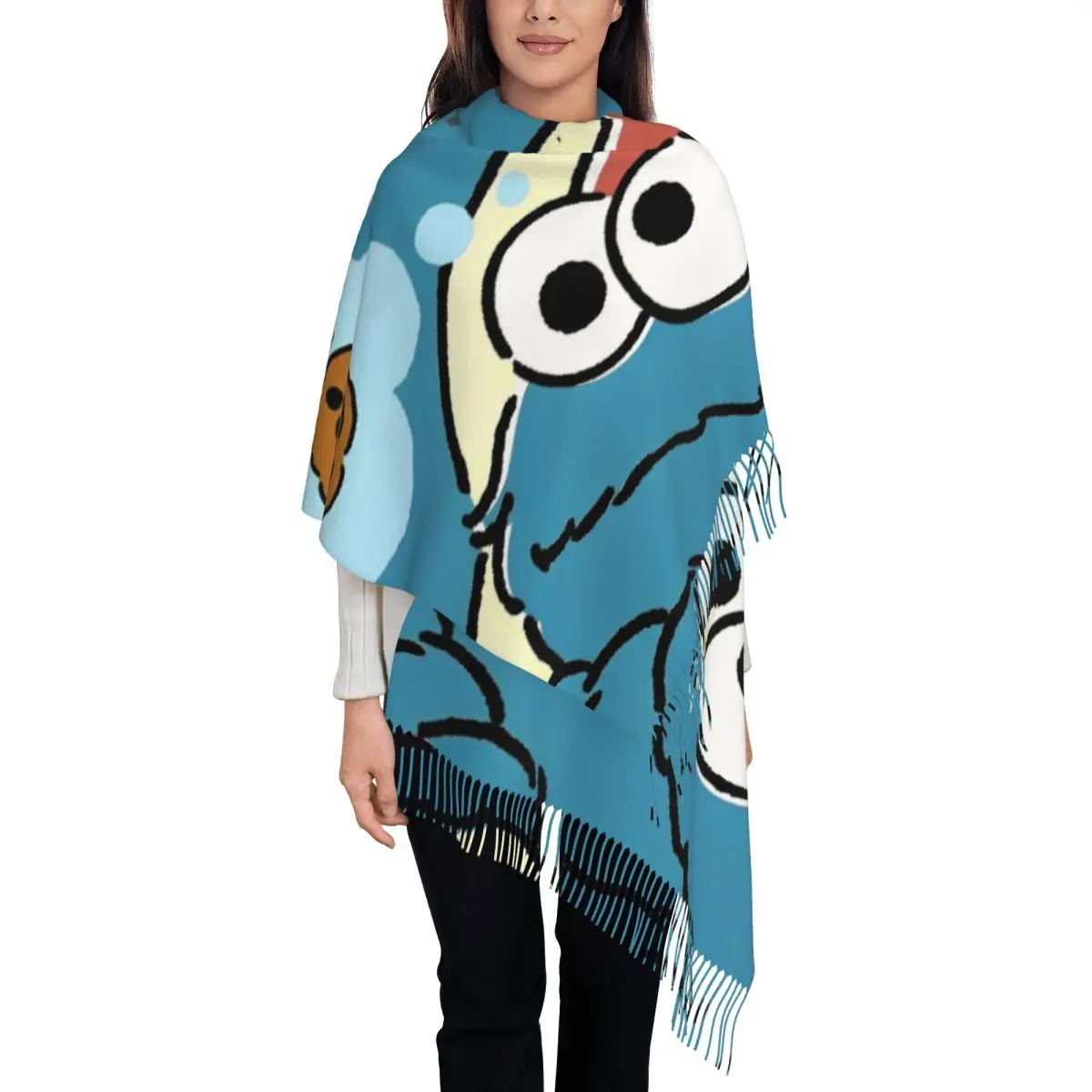 Womens Tassel Scarf Cartoon S-Sesame Street Cookie Monster Large Soft Warm Shawl and Wrap Cartoon Comedy Gifts Cashmere Scarf