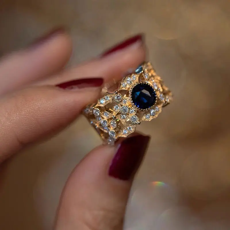 Victorian Vintage Gold Plated Craft Blue Round Cocktail Rings image 3