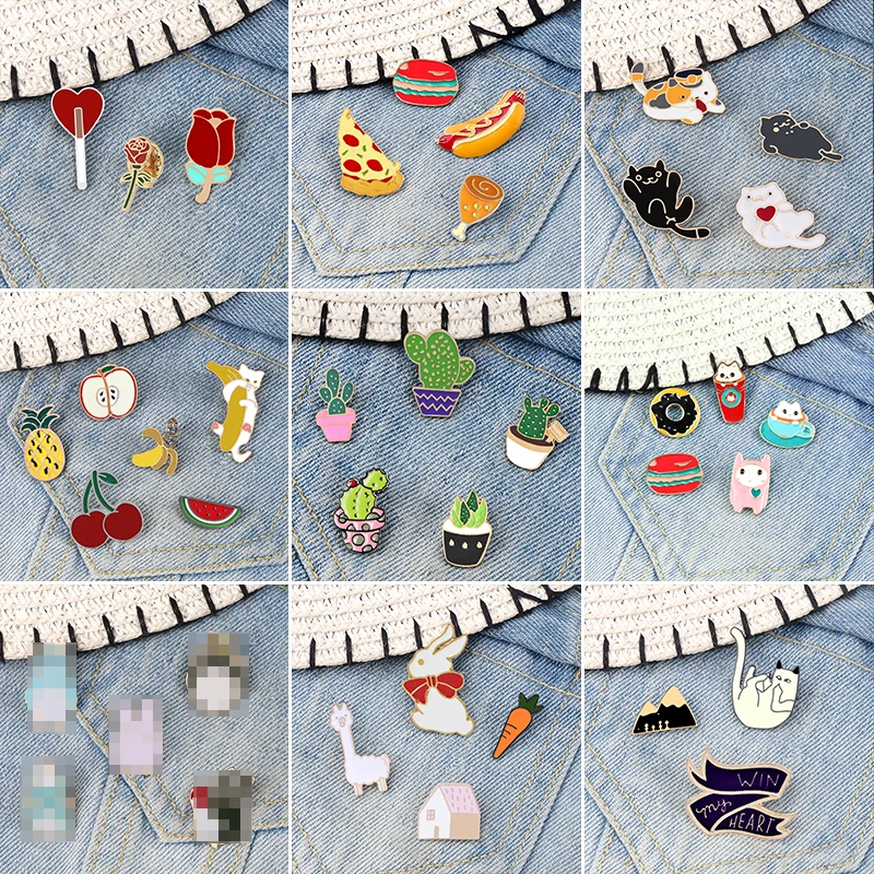 3~6 pcs/set Cartoon Cats Rabbit Sheep Plant Rose Cactus Fruit Hamburger Pizza Brooch Enamel Pin Metal Badge Brooches for Women