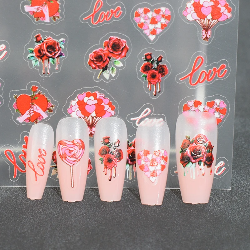 1PCS Valentine's Day Heart Splicing Nail sticker Red Heart Flower Nail Decoration Decal stick Heart Balloon 3D Self-adhesive nai