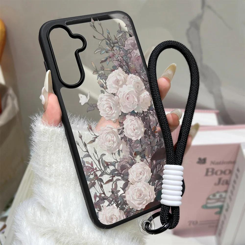 Romantic Rose Phone Case For Samsung A57 A16 A56 A17 A07 A37 A55 A54 A36 A26 A35 S26 S25 Ultra S24 FE S23 Lanyard Matte Cover