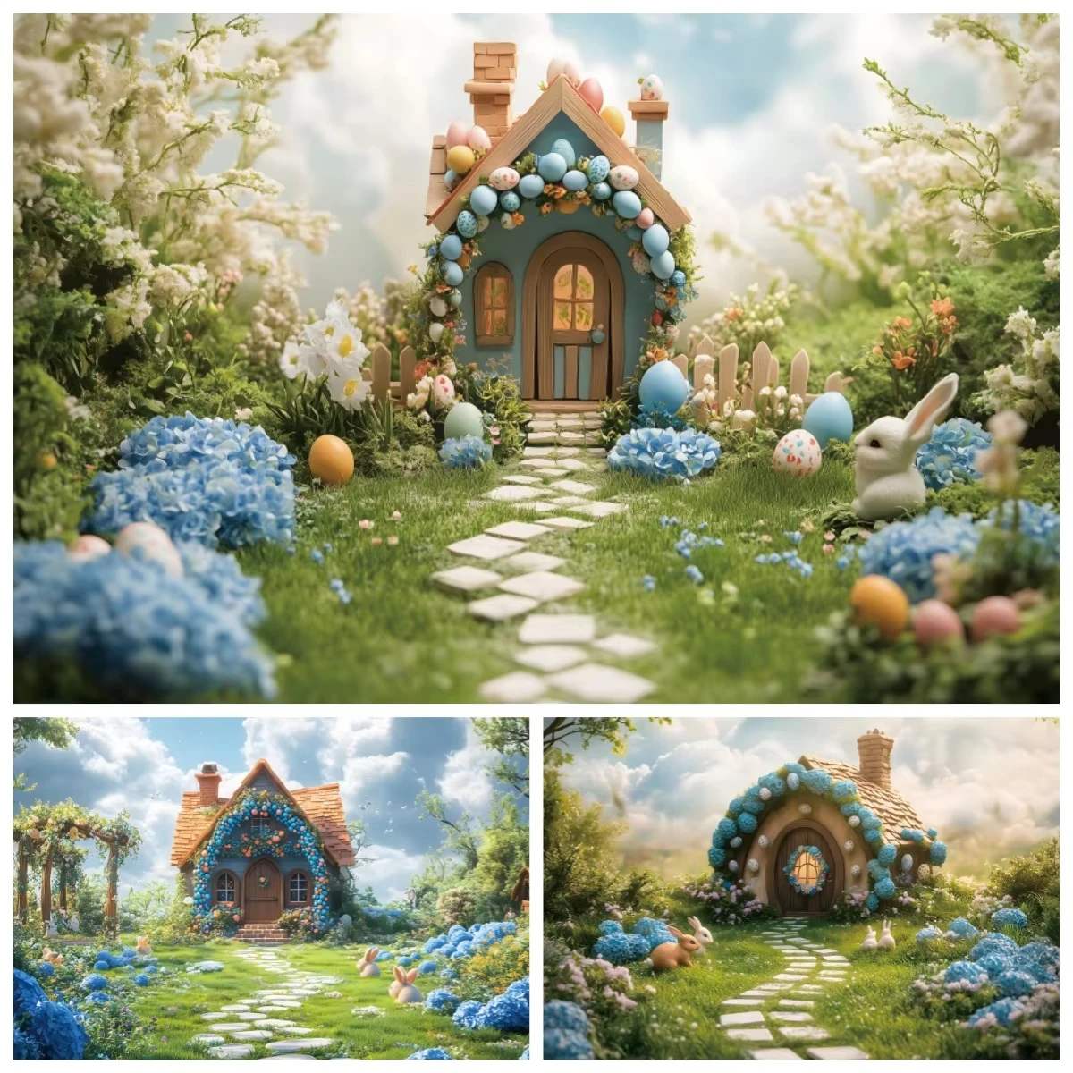 

Spring Dreamy House Background Natural Landscape Blue Sky Green Grass Happy Easter Kids Portrait Backdrop for Photography Props