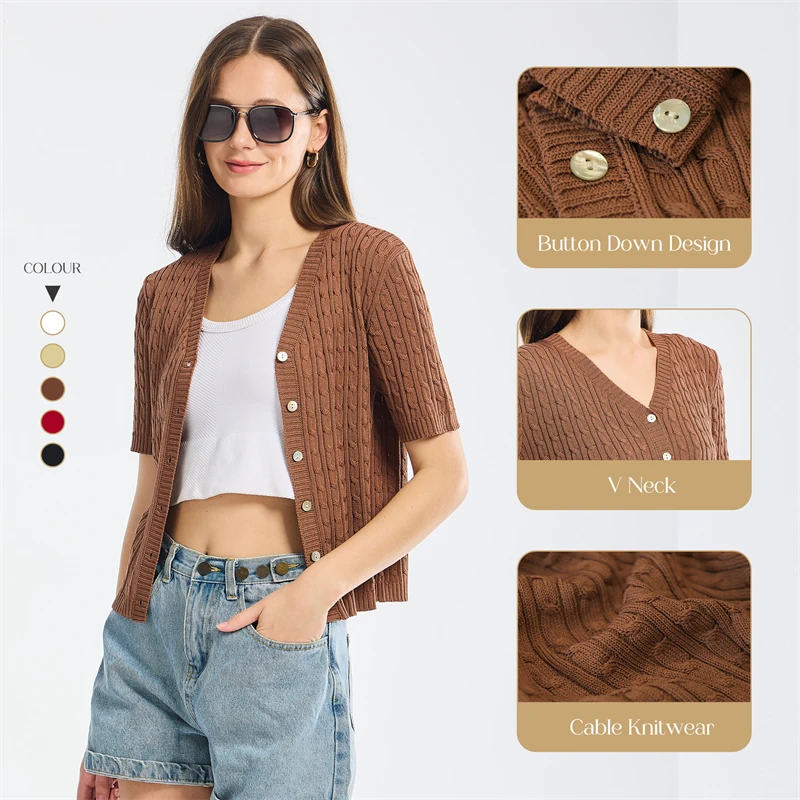 Summer Thin Cardigan for Women Solid Cropped Cardigans Button V Neck Short Sleeve Knitted Tops Brown Slim Sweater Spring 2024