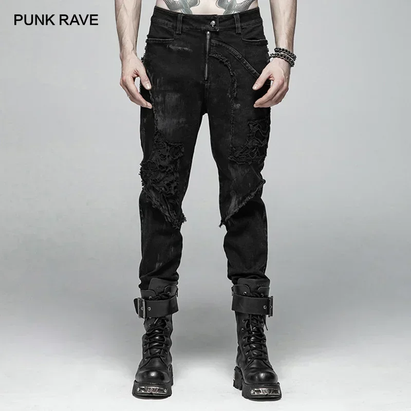 PUNK RAVE New Men\'s Punk Rock Broken Hole Net Black Long  Trousers Gothic Casual Male Motocycle Cotton Denim Pants Visual Kei