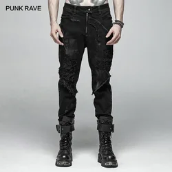 PUNK RAVE Neue männer Punk Rock Gebrochen Loch Net Schwarz Lange Hosen Gothic Casual Männlichen Motorrad Baumwolle Denim Hosen visuelle Kei