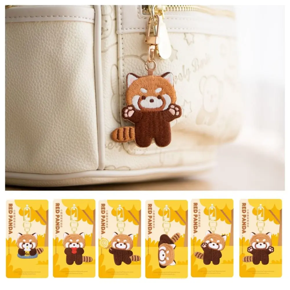 

Funny Cartoon Red Panda Keyrchain Creative Soft Kawaii Animal Pendant Lollipop Milk Tea Red Panda Embroidery Pendant