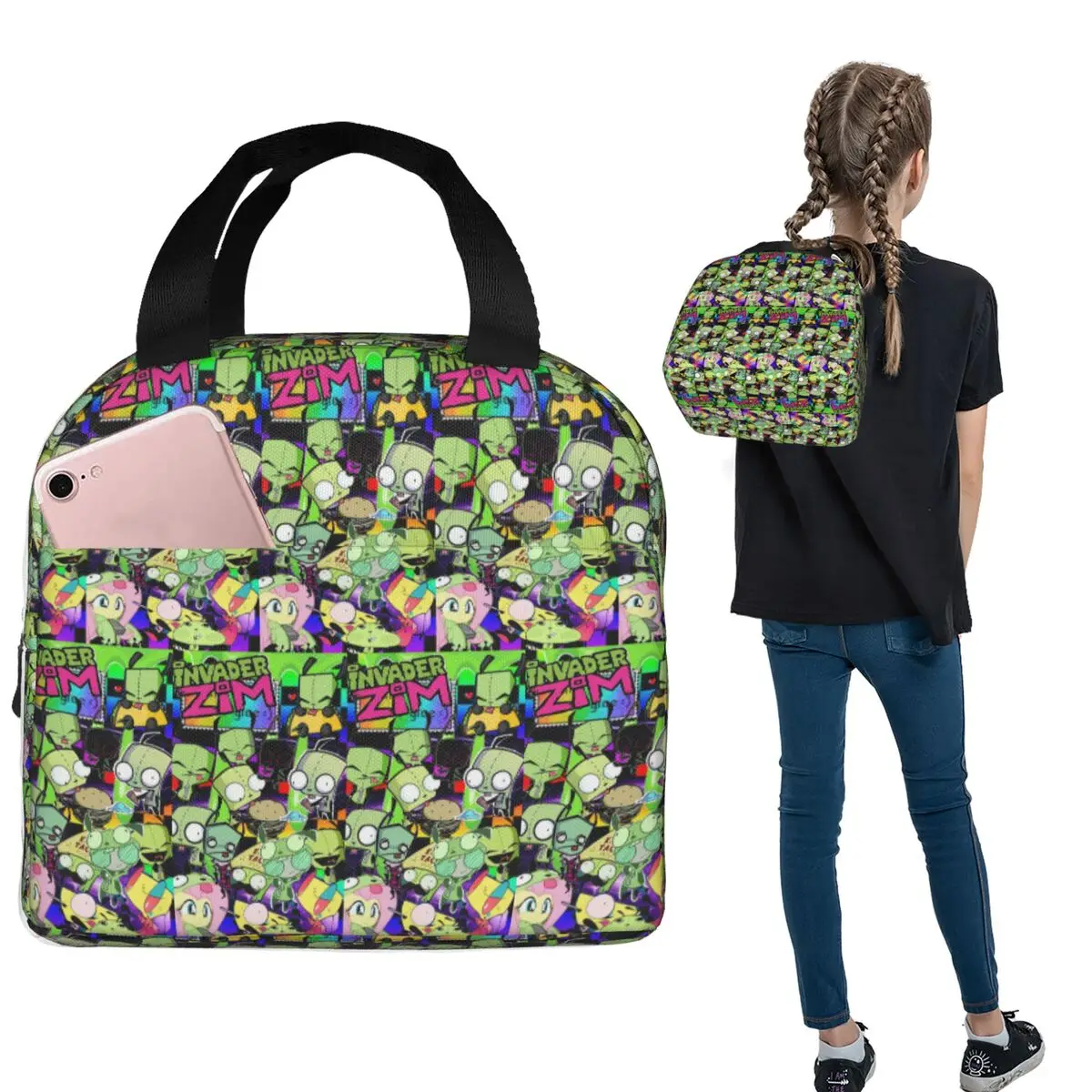 Invaders Zims Anime Cartoon Alien Insulated Lunch Bag for Women Children Leakproof Food Boxes Thermal Lunch Box Tote