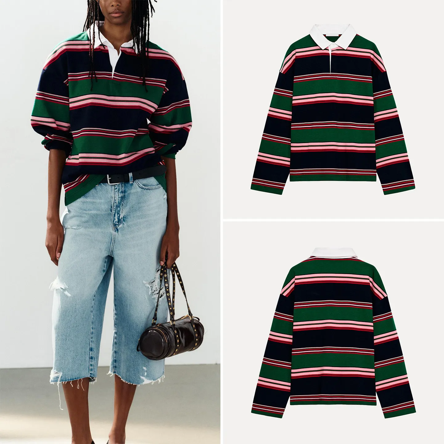 Women's Fashion Long Sleeve Loose Fit Striped Patchwork  Shirt Autumn 2026 Casual Wear Classic Pattern American Style