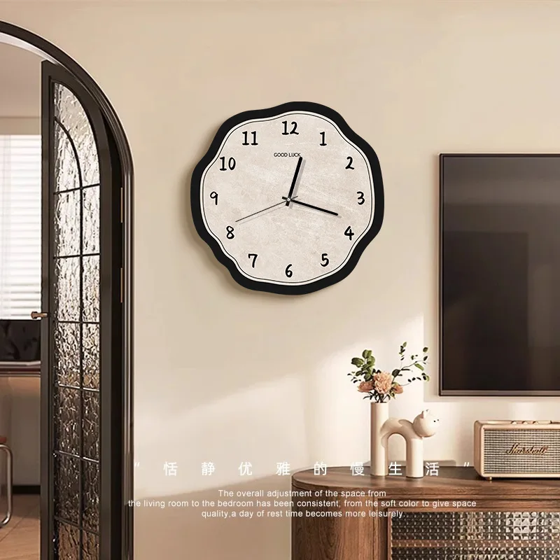 Silent Non-Ticking Quartz Wall Clock Nordic Minimalist Irregular Wavy Edge Beige Black Frame Aesthetic Hanging Clock For Living