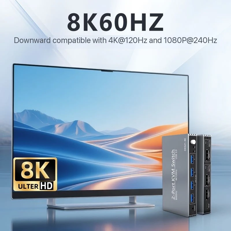 2-port 8K 60Hz DP KVM Switch with 4 Port USB3.0 4K 120Hz Displayport KVM Switcher for 2 Computer PC Share Mouse Keyboard Monitor