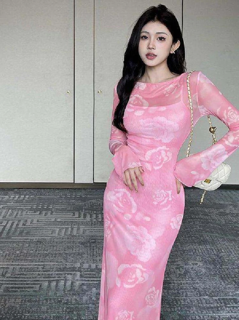Elegant Rose Gradient Mesh Dress with Inner  And Strap Two-Piece Set Anti-Light Cotton Blend Vintage Fashion Women's Ou...